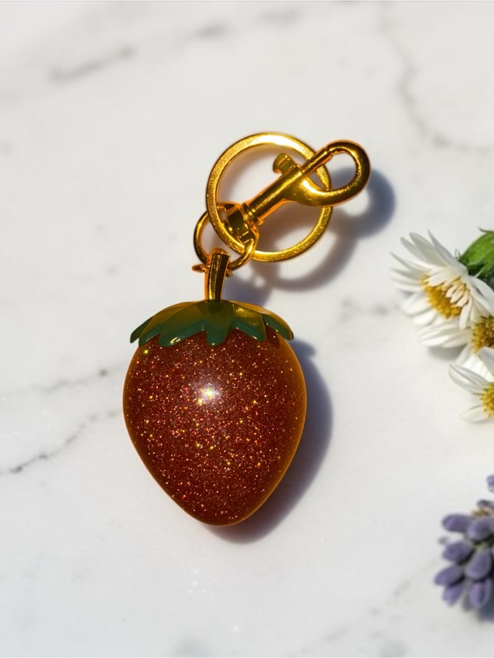 Gold-Tone Pink Glitter Strawberry Charm Key Ring NWOT
